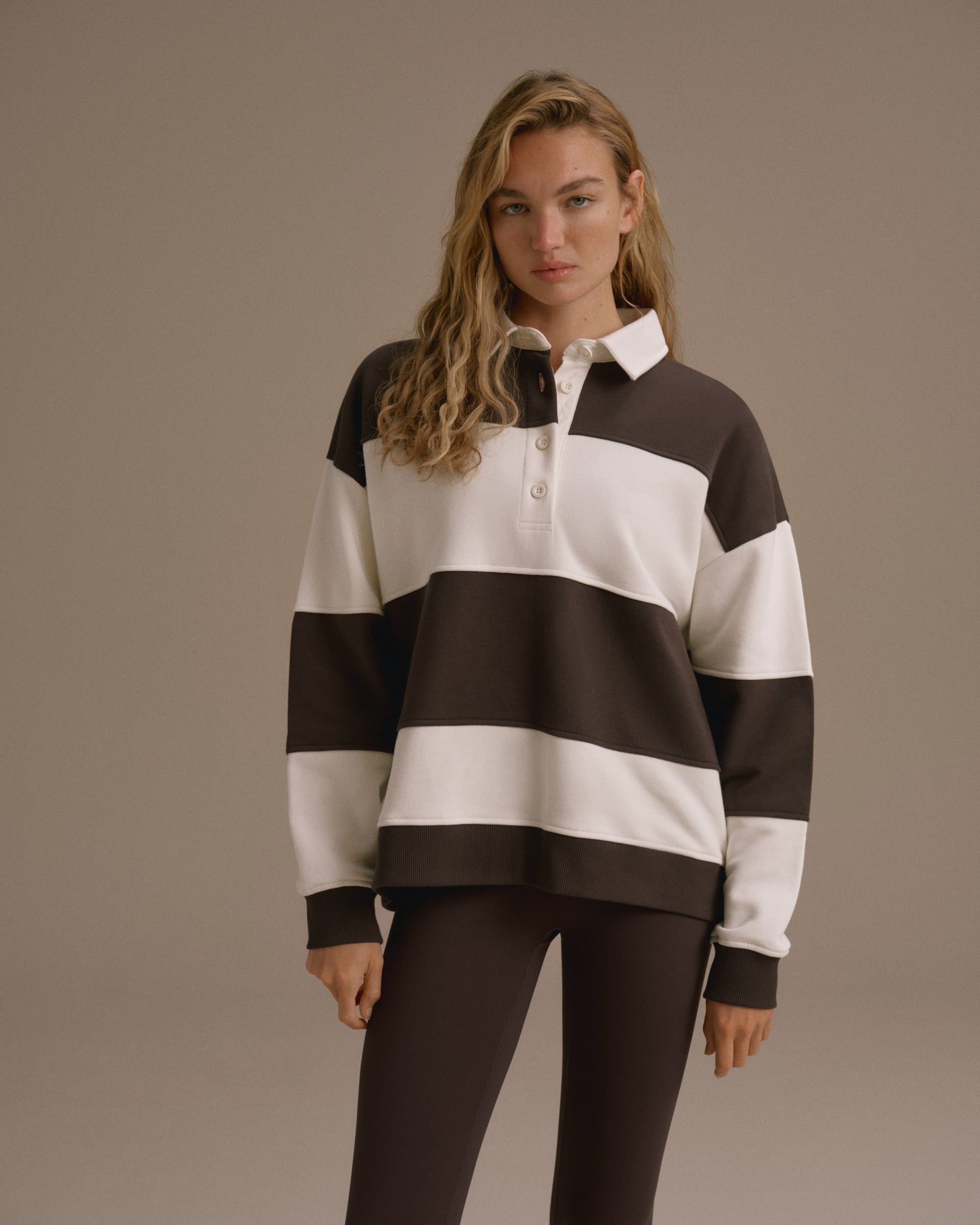 Stripe Oversized Henley Sweatshirt - Coffee Bean/Marshmallow White