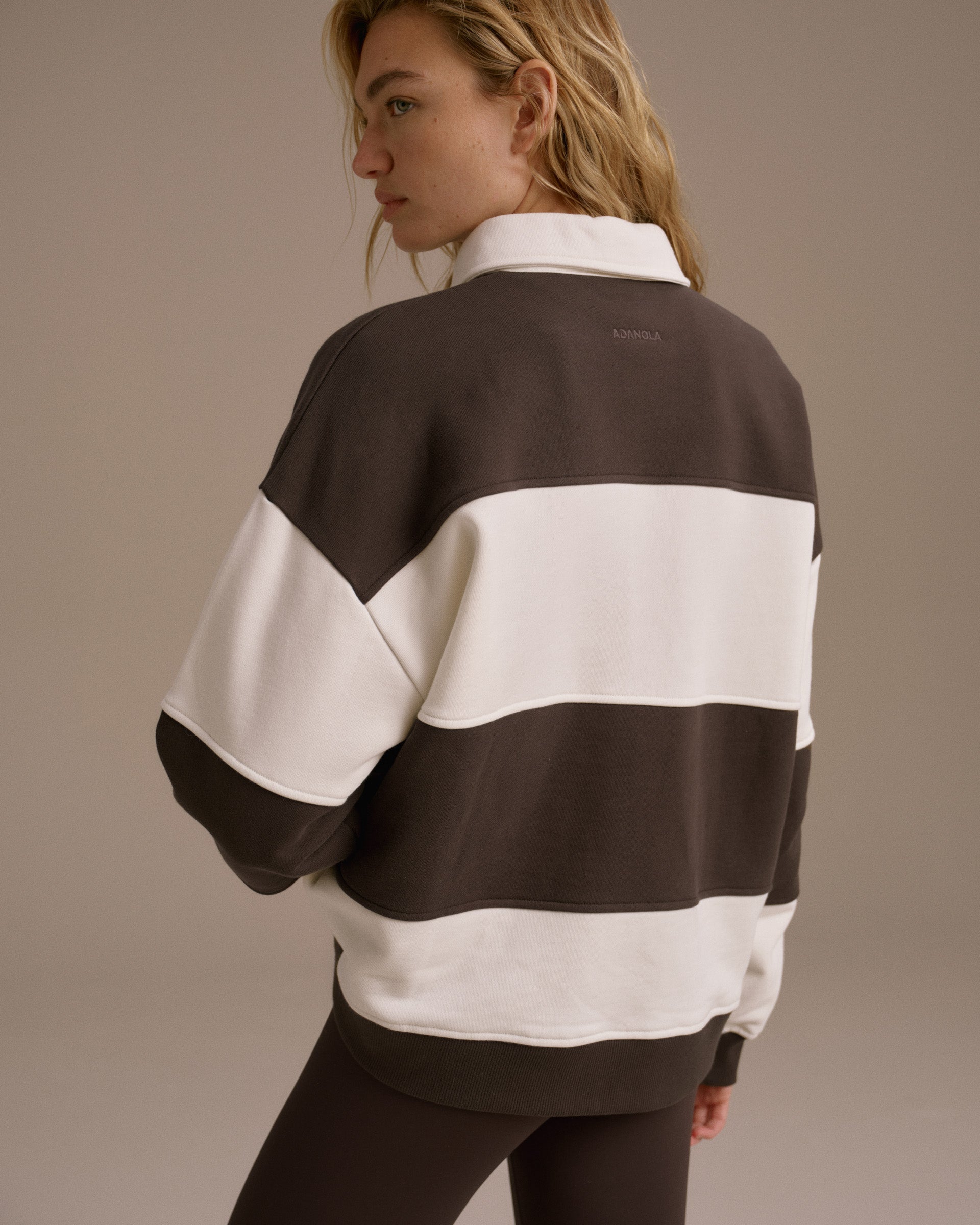Stripe Oversized Henley Sweatshirt - Coffee Bean/Marshmallow White