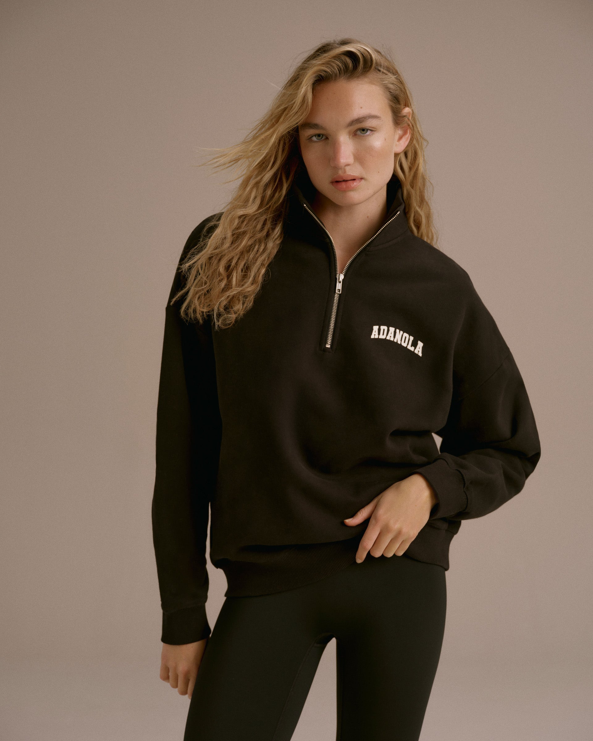 Varsity Oversized Funnel Neck Zip Sweatshirt - Black/Marshmallow White