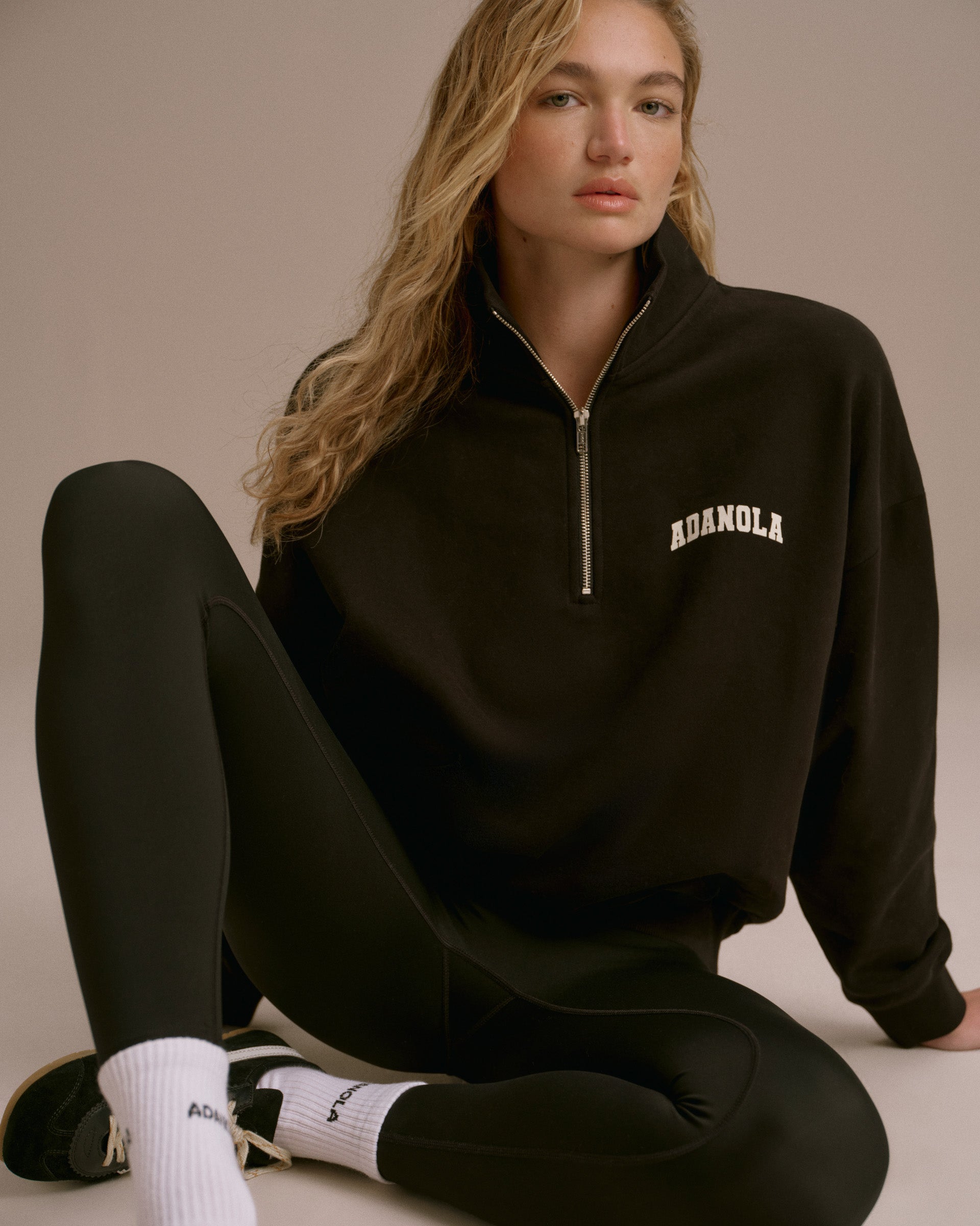 Varsity Oversized Funnel Neck Zip Sweatshirt - Black/Marshmallow White