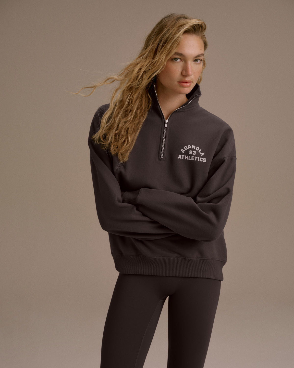 Campus Oversized Funnel Neck Zip Sweatshirt Washed Coffee Bean Marshmallow