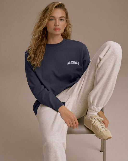 Varsity Long Sleeve Drop Shoulder T-shirt - Midnight Blue/Marshmallow White