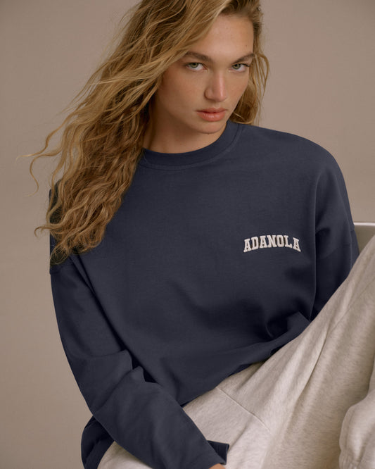 Varsity Long Sleeve Drop Shoulder T-shirt - Midnight Blue/Marshmallow White