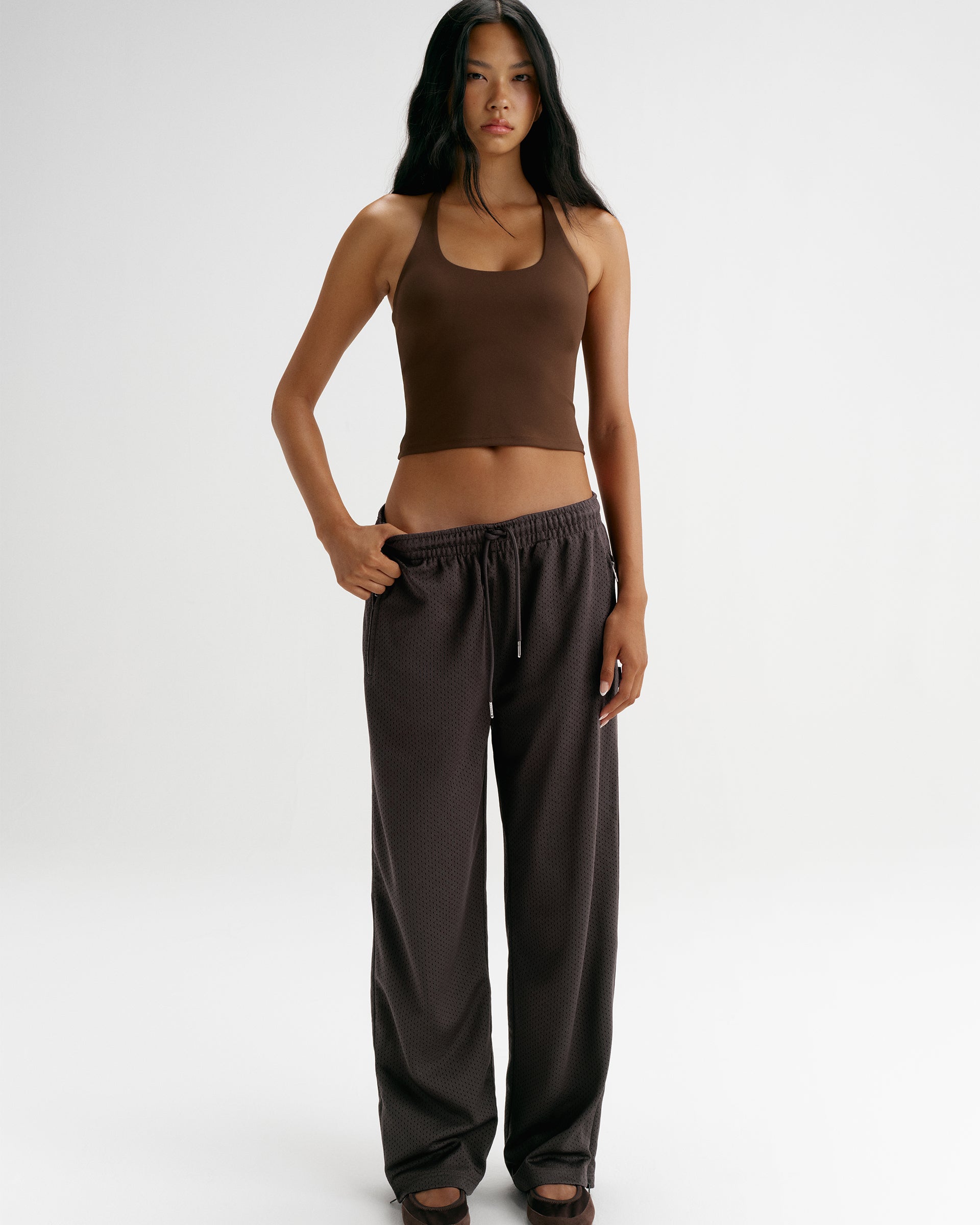 Mesh Overlay Track Pants - Coffee Bean