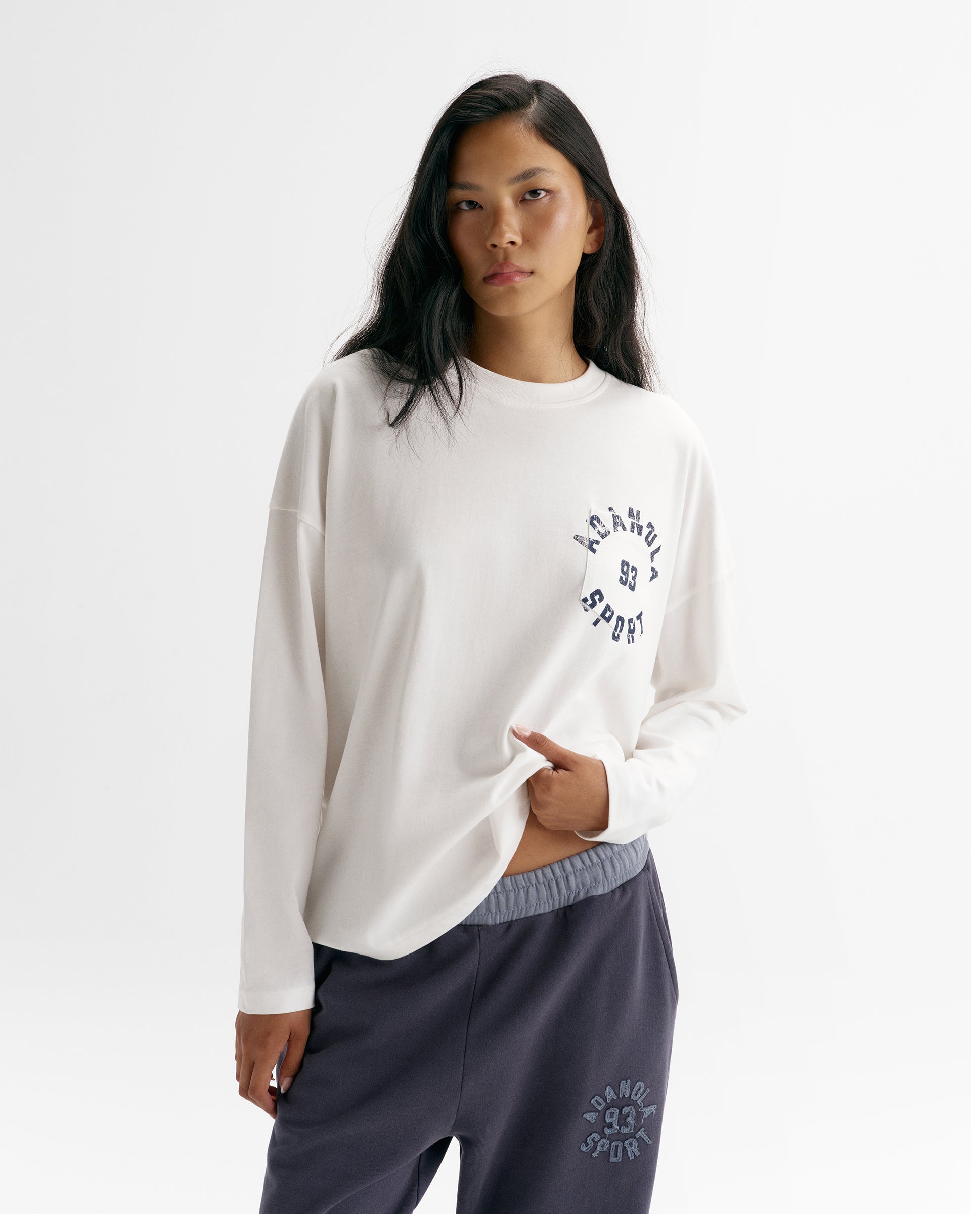 Adanola Sport Long Sleeve Pocket Detail Top - Marshmallow White/Navy Blue