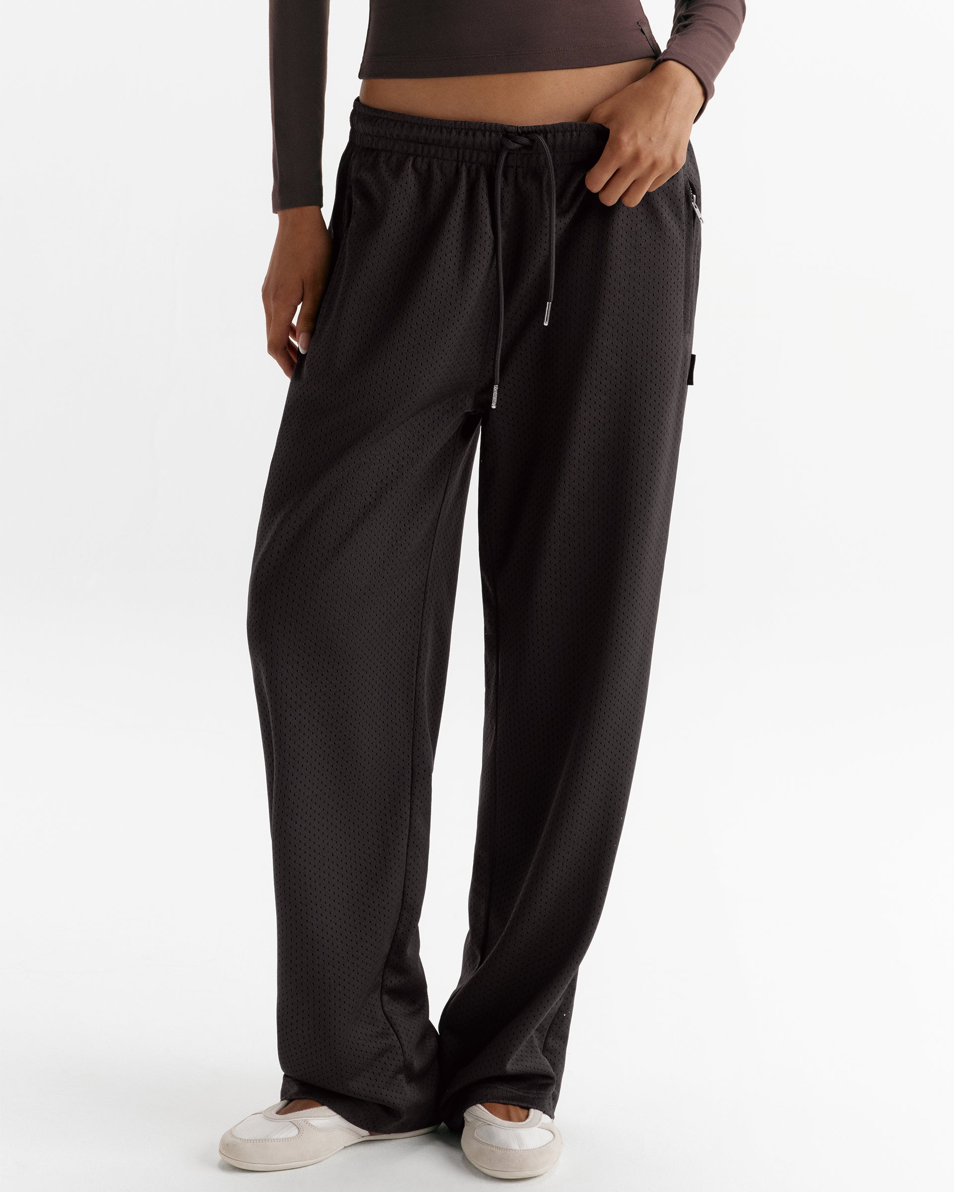 Mesh Overlay Track Pants - Coffee Bean