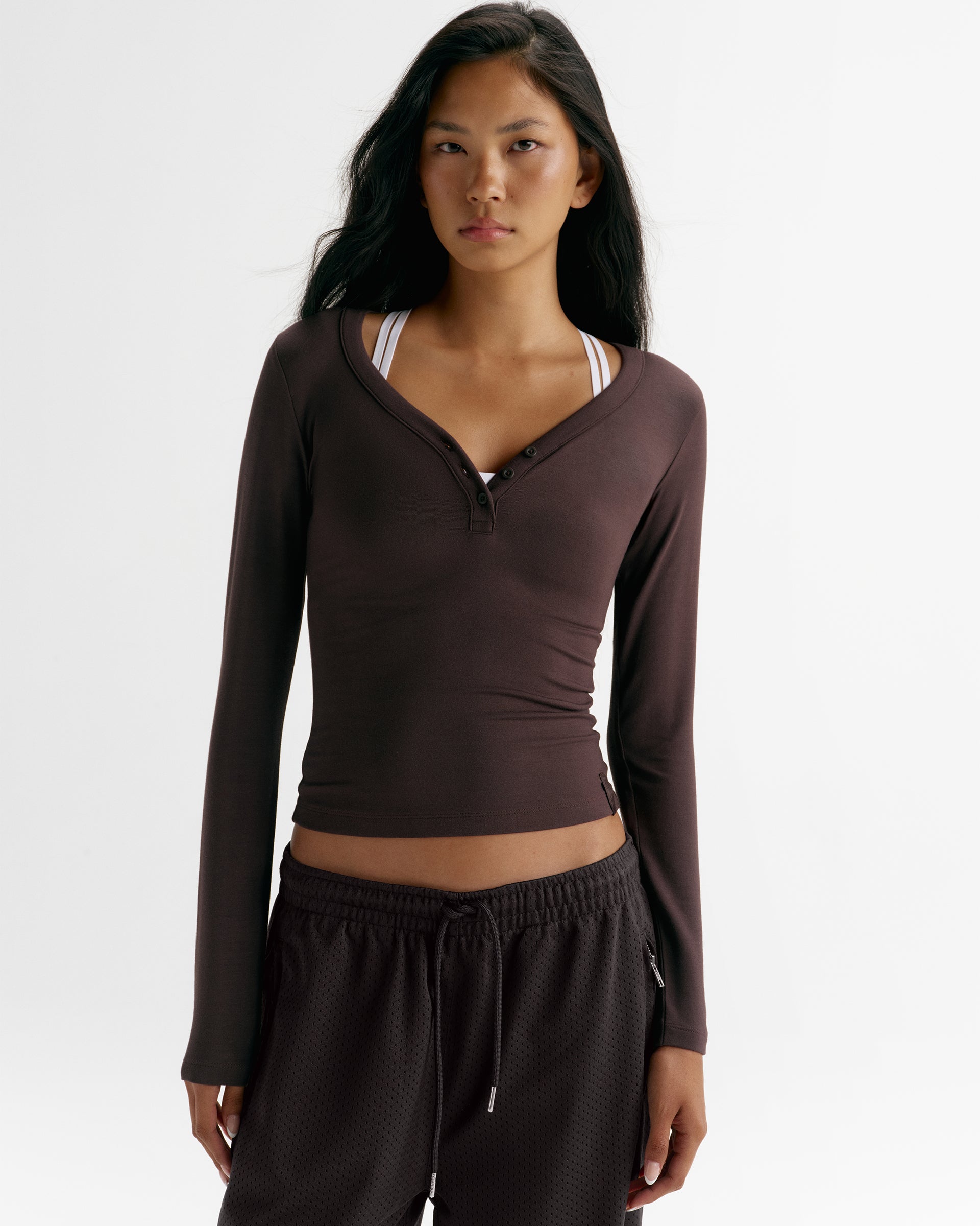 Modal Soft Henley Long Sleeve Top - Coffee Bean