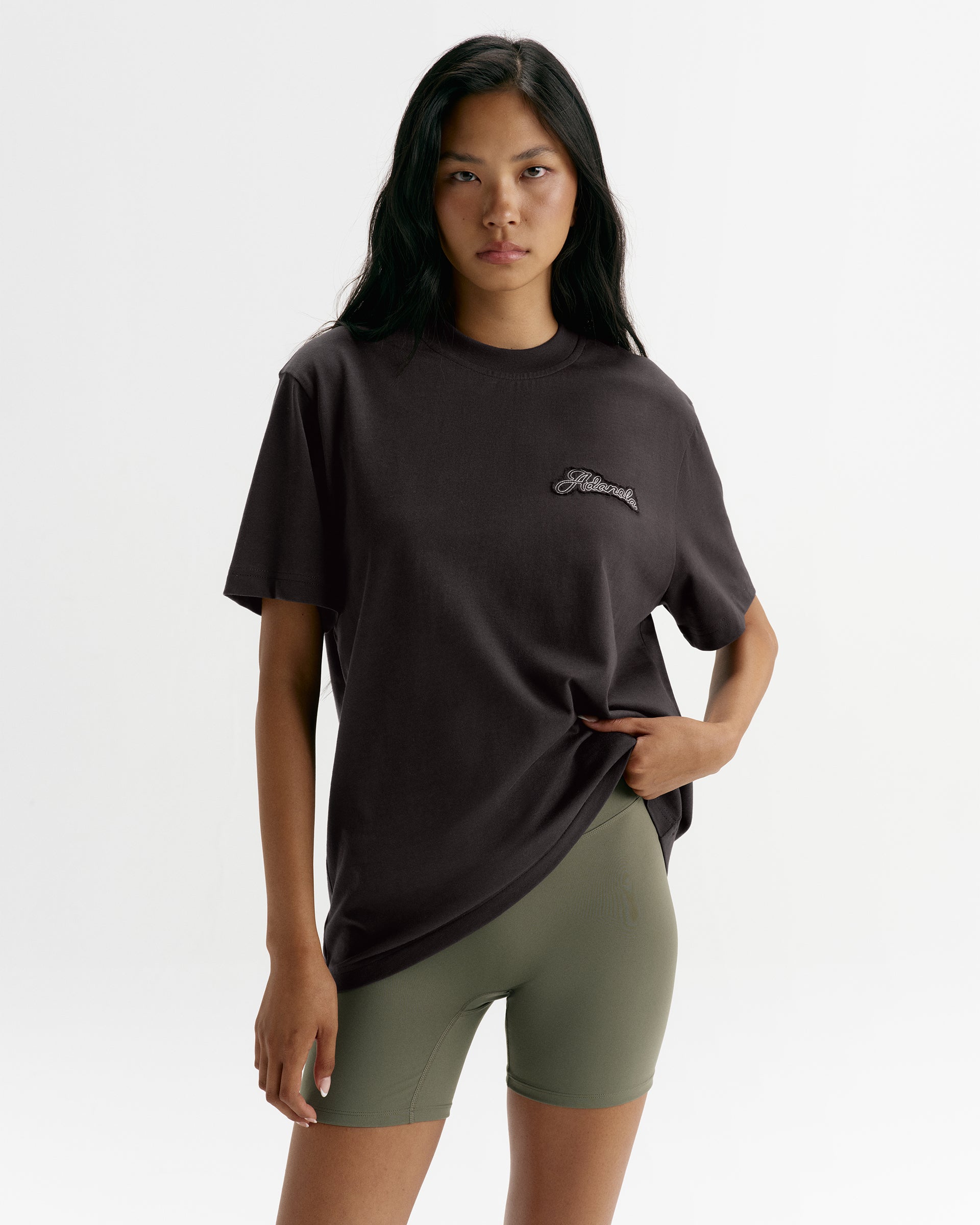 Adanola Script Applique Short Sleeve Oversized T-shirt - Coffee Bean/Marshmallow White