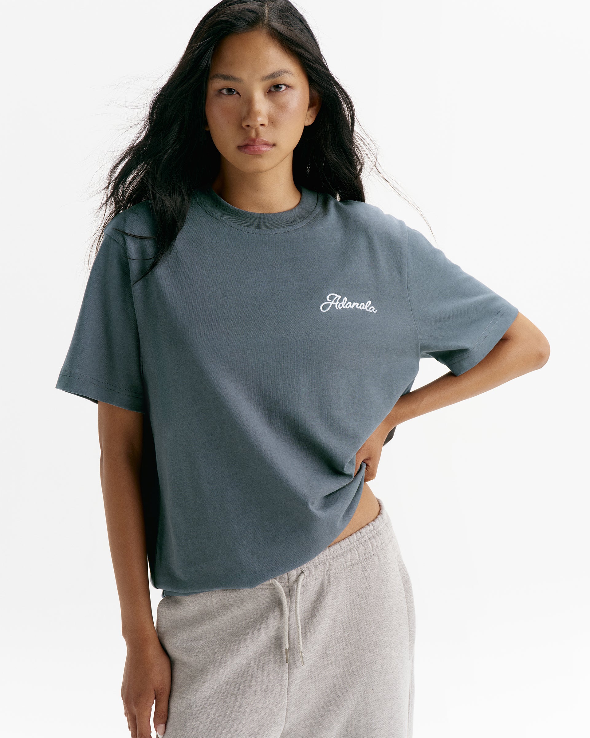 Adanola Script Embroidered Short Sleeve Oversized T-shirt - Storm Blue/Marshmallow White