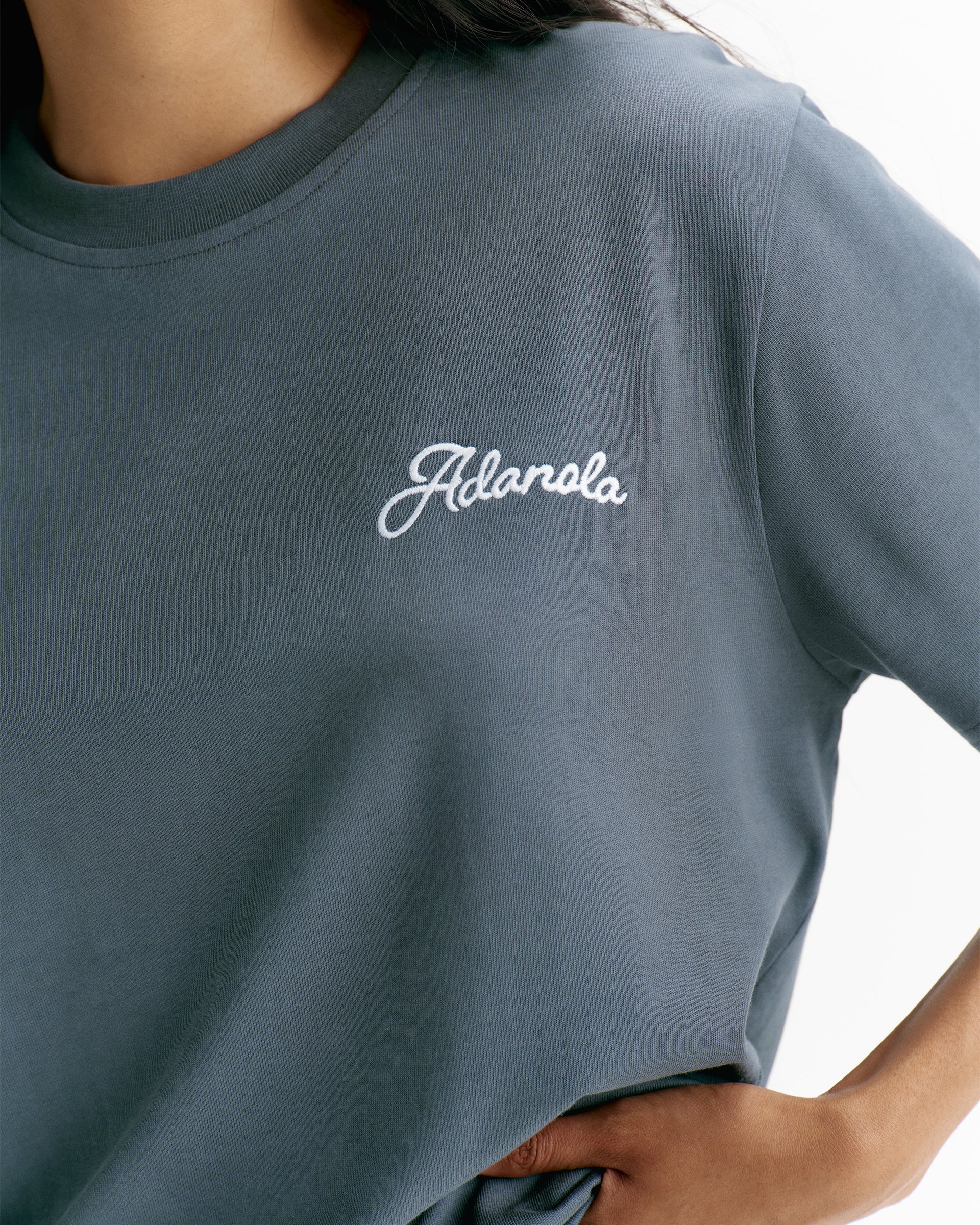 Adanola Script Embroidered Short Sleeve Oversized T-shirt - Storm Blue/Marshmallow White