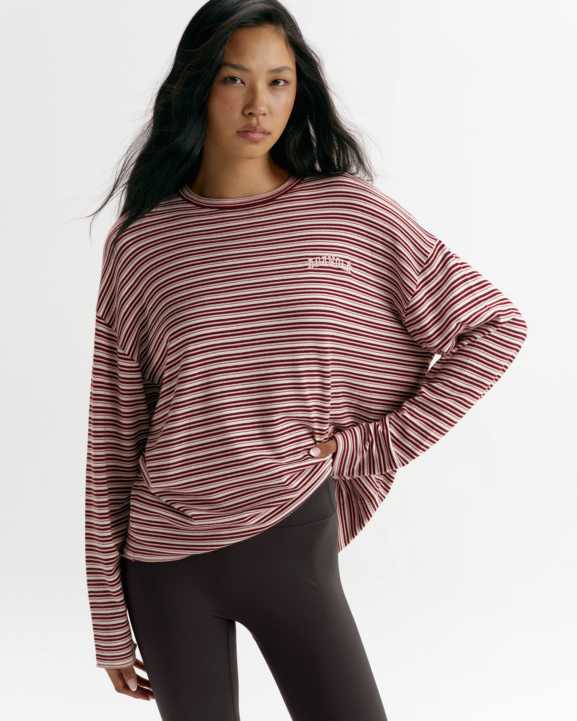 Varsity Knit Roll Hem Stripe Sweatshirt - Damson Red