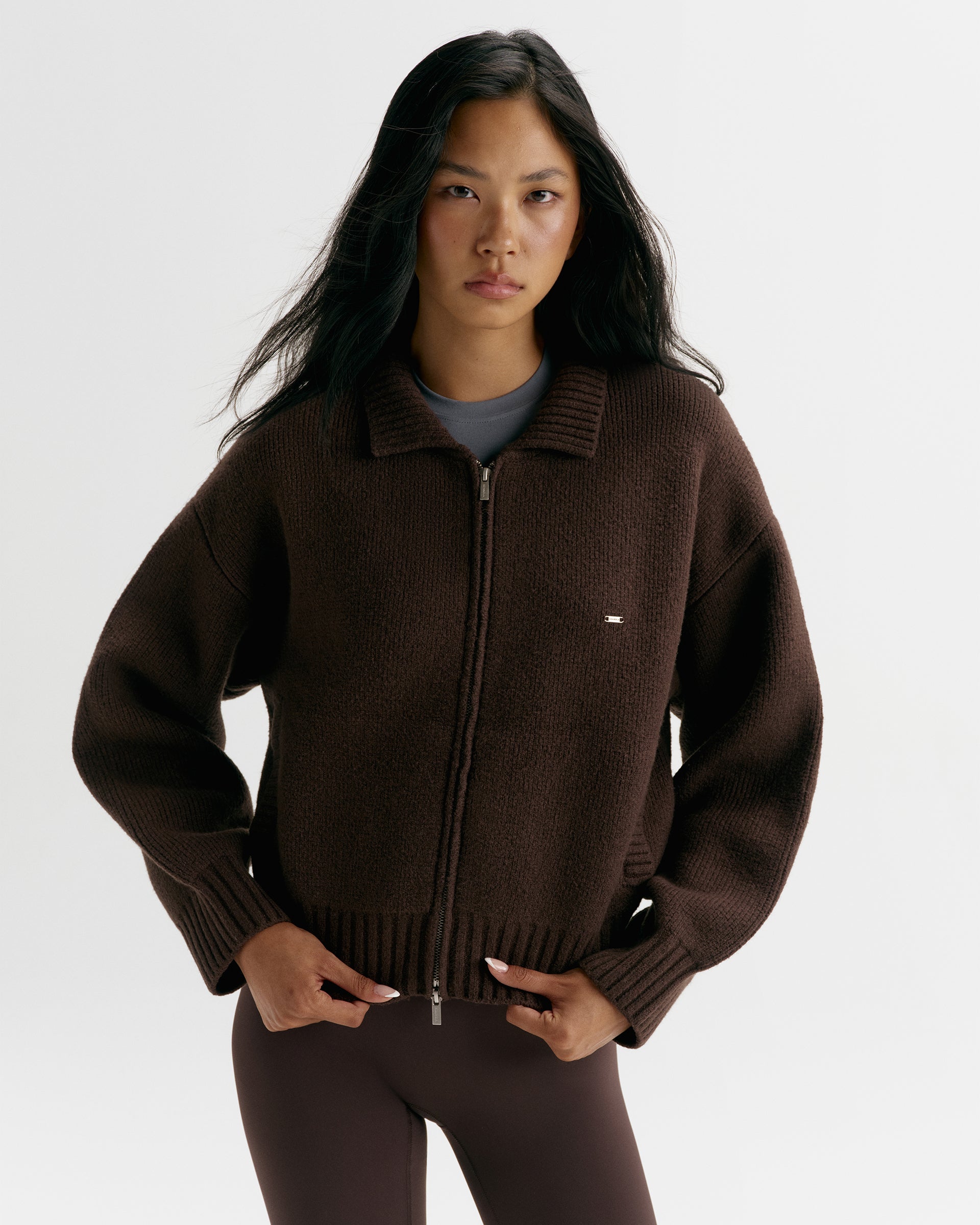 Knit Collared Bomber Jacket - Coffee Bean