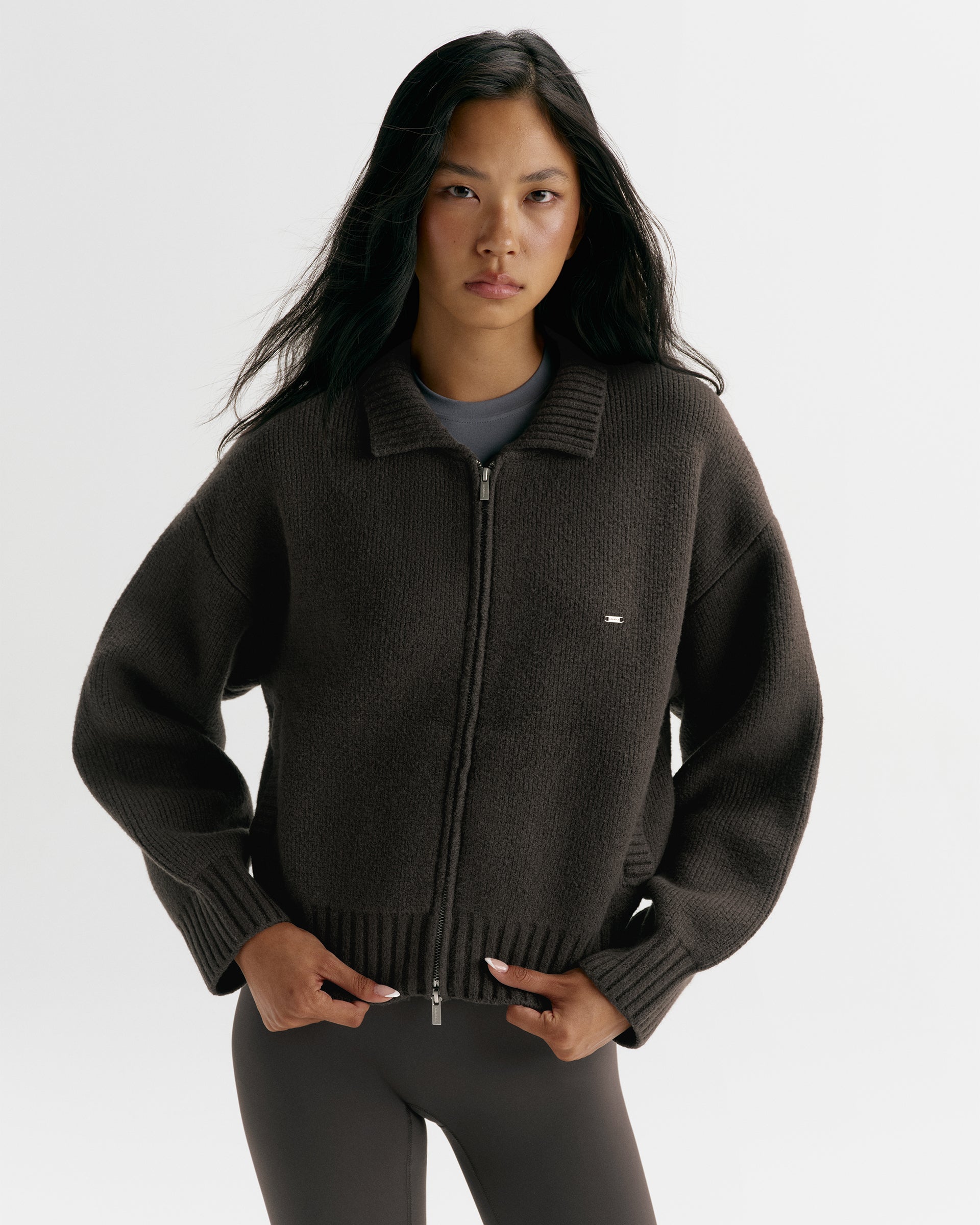 Knit Collared Bomber Jacket - Coffee Bean
