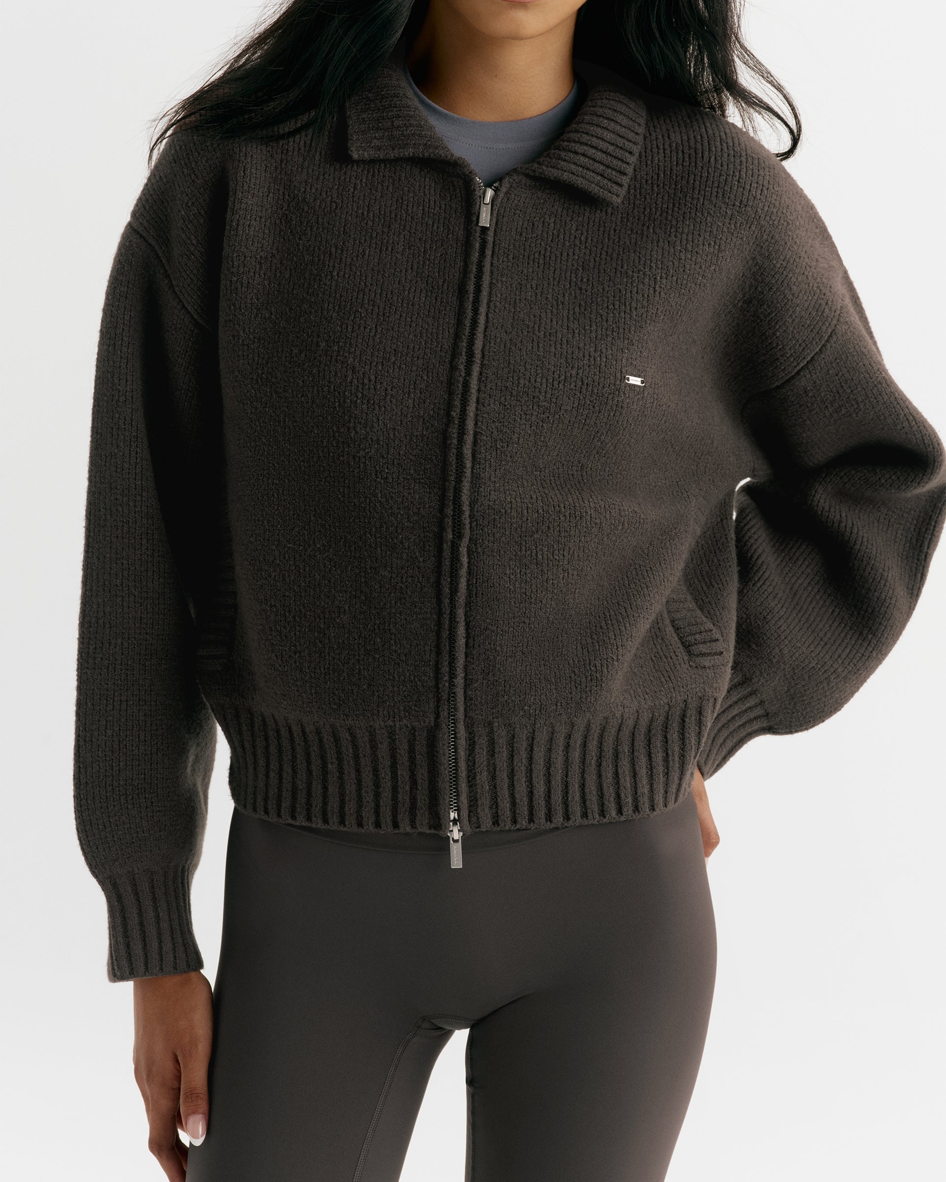 Knit Collared Bomber Jacket - Coffee Bean