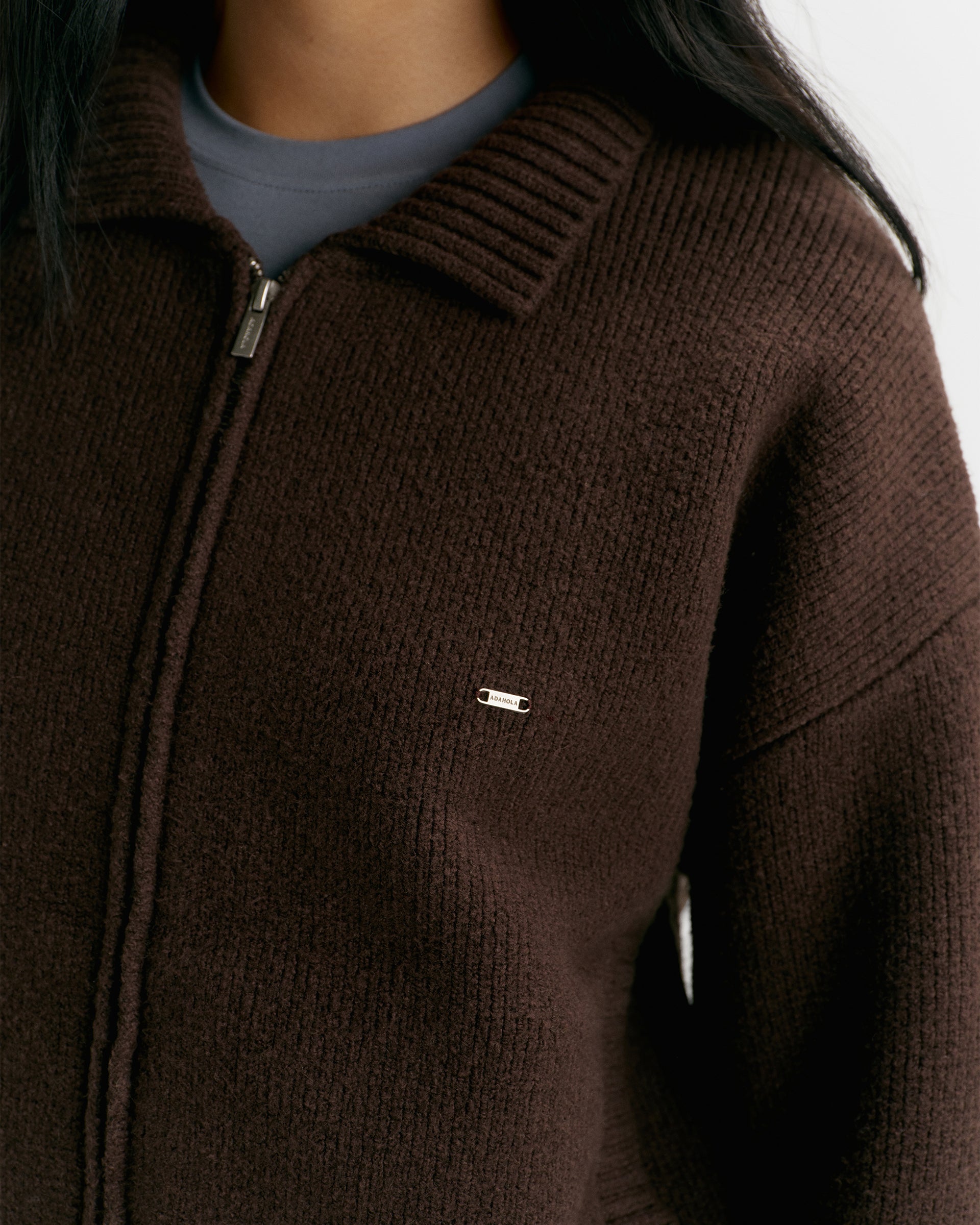 Knit Collared Bomber Jacket - Coffee Bean