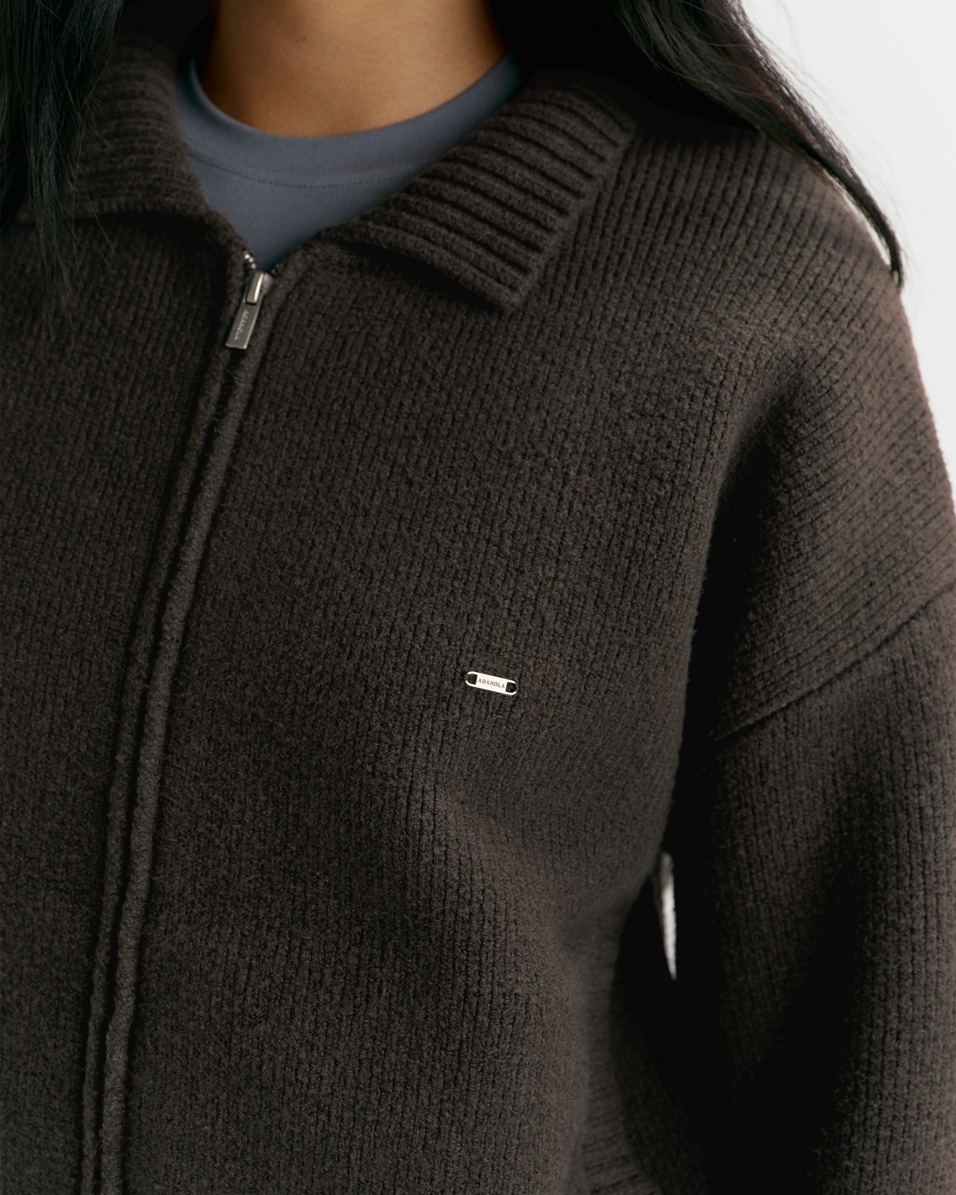 Knit Collared Bomber Jacket - Coffee Bean