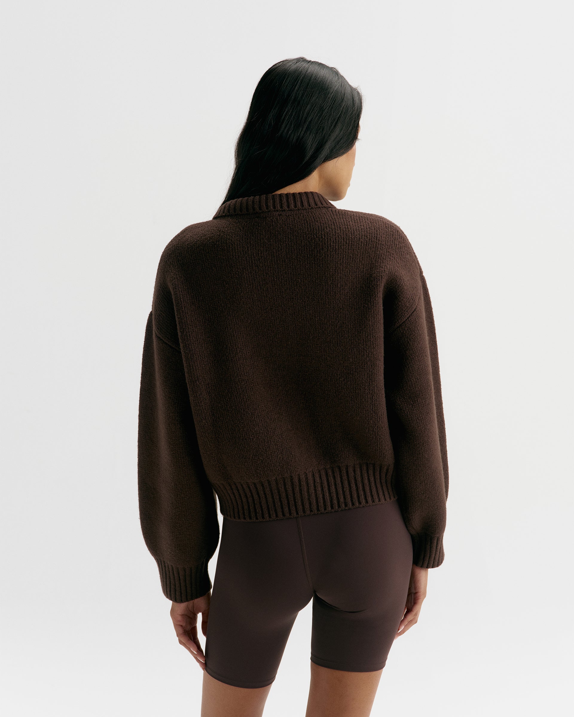 Knit Collared Bomber Jacket - Coffee Bean