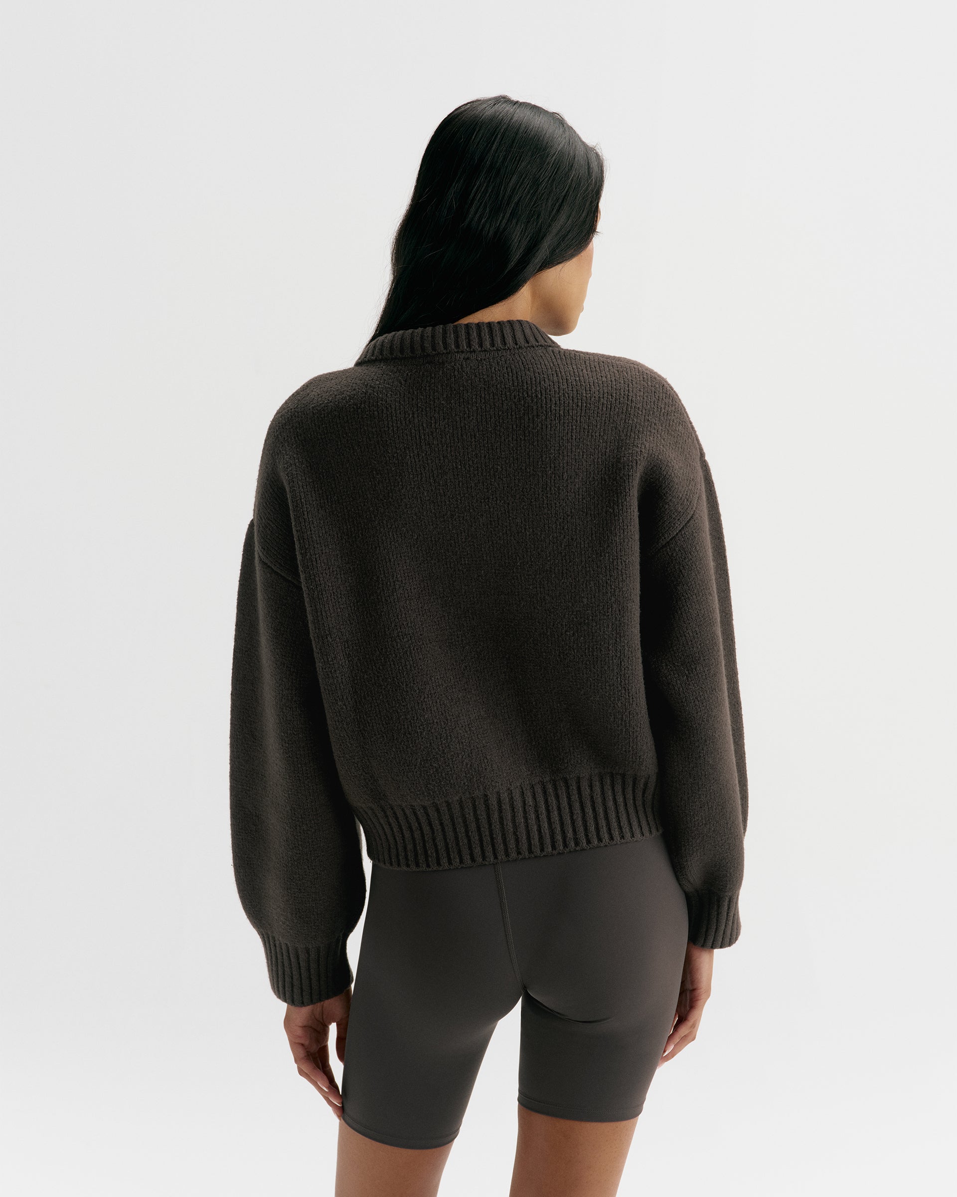 Knit Collared Bomber Jacket - Coffee Bean