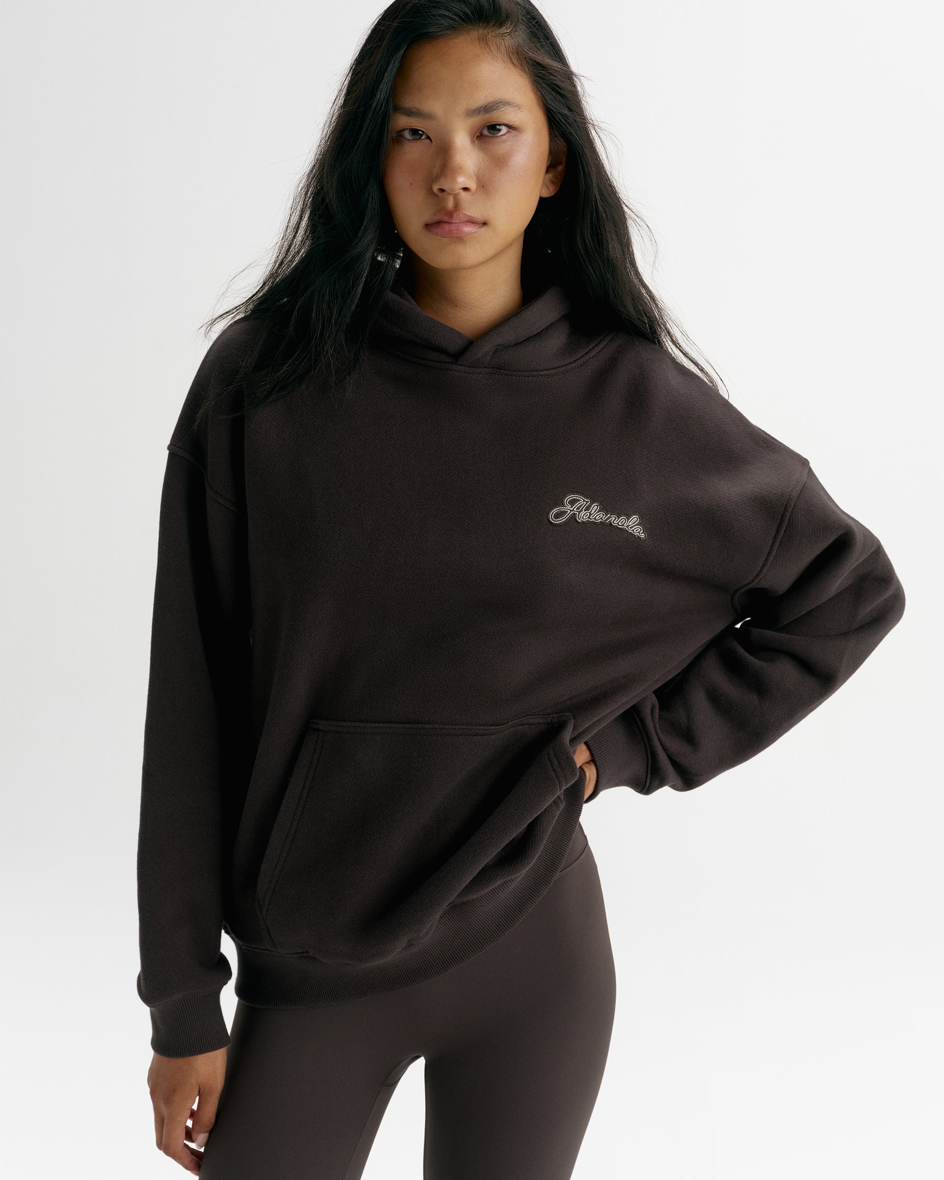 Classic Adanola Script Applique Oversized Hoodie - Coffee Bean/Marshmallow White