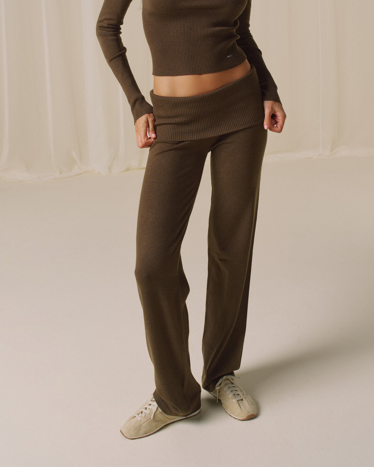 Knit Fold Over Trousers Dark Mocha
