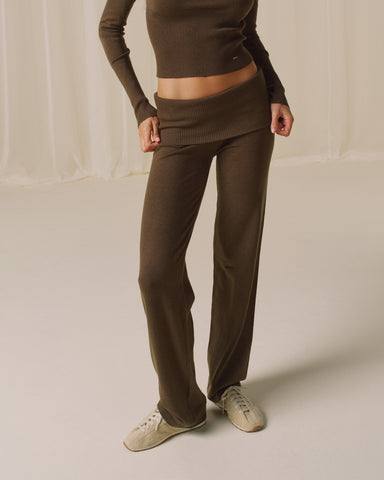 Knit Fold Over Trousers - Dark Mocha Brown