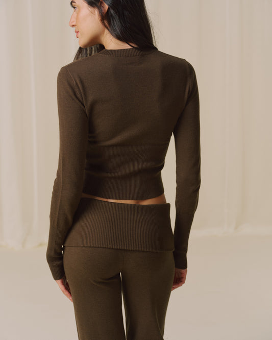 Knit Fold Over Trousers - Dark Mocha Brown