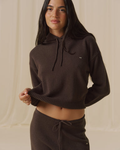 Lightweight Merino Wool Knit Hoodie - Coffee Bean