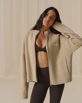 Ribbed Zip Through Knit Sweatshirt - Oatmeal/Marshmallow White