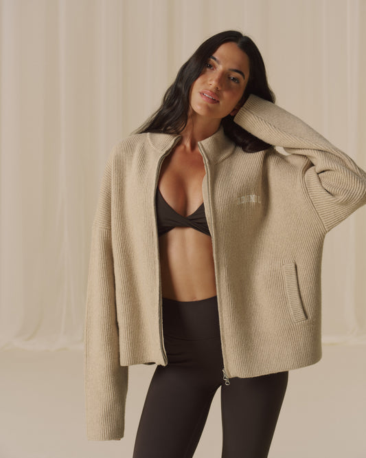 Ribbed Zip Through Knit Sweatshirt - Oatmeal/Marshmallow White