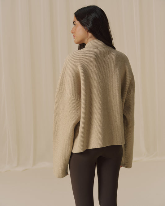 Ribbed Zip Through Knit Sweatshirt - Oatmeal/Marshmallow White