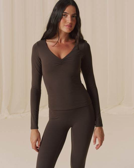 Ultimate Ruched Front Long Sleeve Top - Coffee Bean