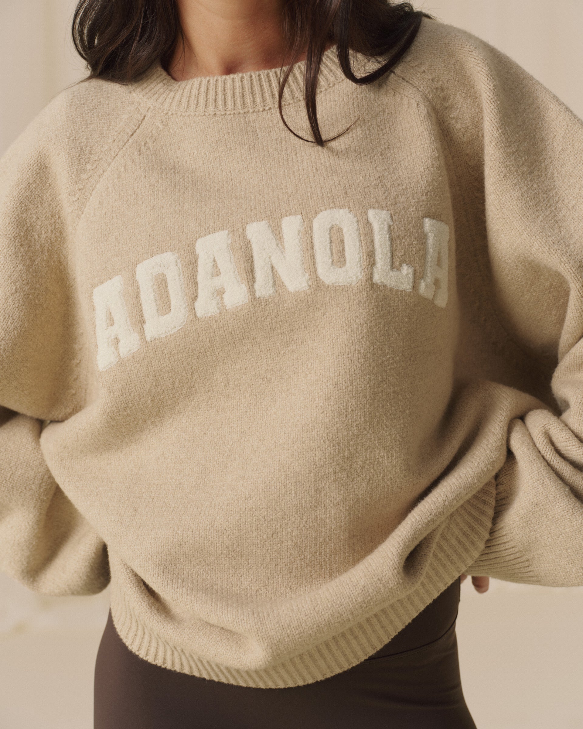 Varsity Boucle Oversized Knit Sweatshirt - Oatmeal/Marshmallow White