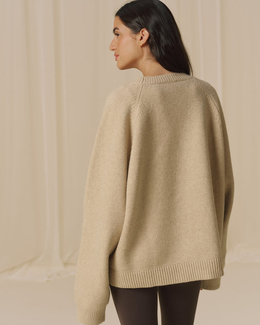 Varsity Boucle Oversized Knit Sweatshirt - Oatmeal/Marshmallow White