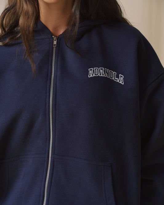 Varsity Zip Through Hoodie - Navy Blue