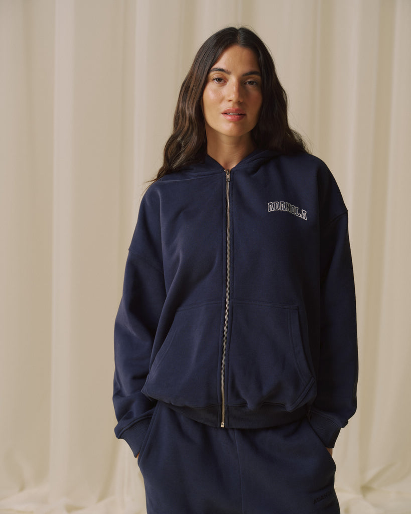 Varsity Zip Through Hoodie - Navy Blue