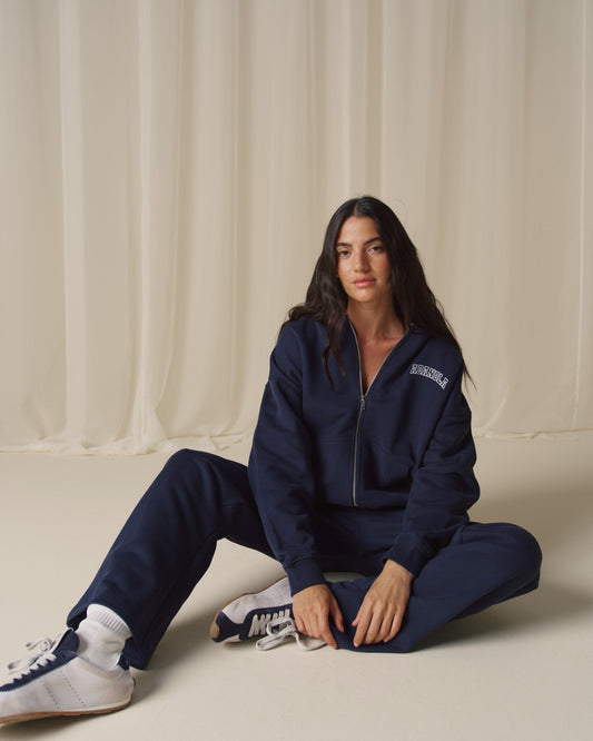 Varsity Zip Through Hoodie - Navy Blue