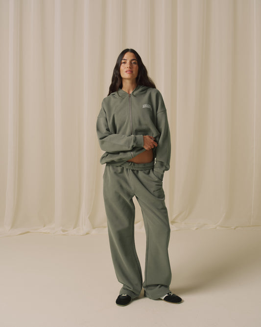 Varsity Zip Through Hoodie - Olive Green