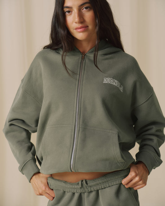 Varsity Zip Through Hoodie - Olive Green