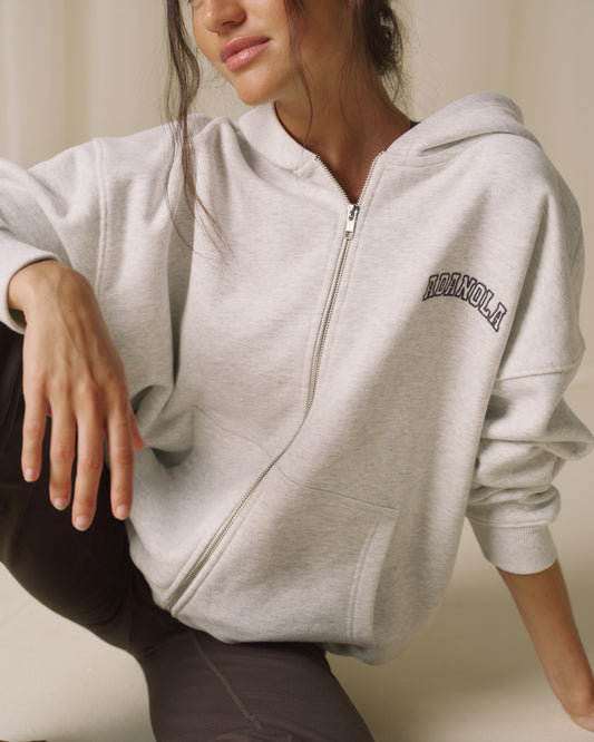 Varsity Zip Through Hoodie - Light Grey Melange