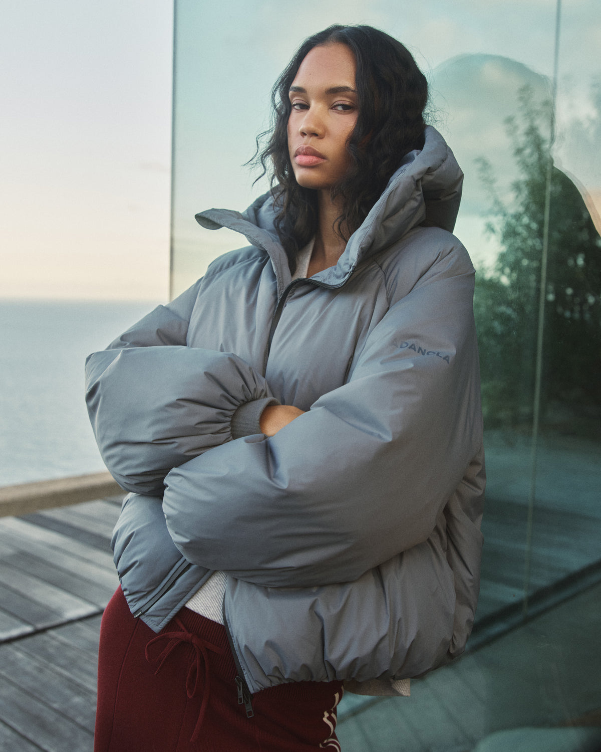 Funnel Neck Balloon Sleeve Down Puffer Jacket - Storm Blue