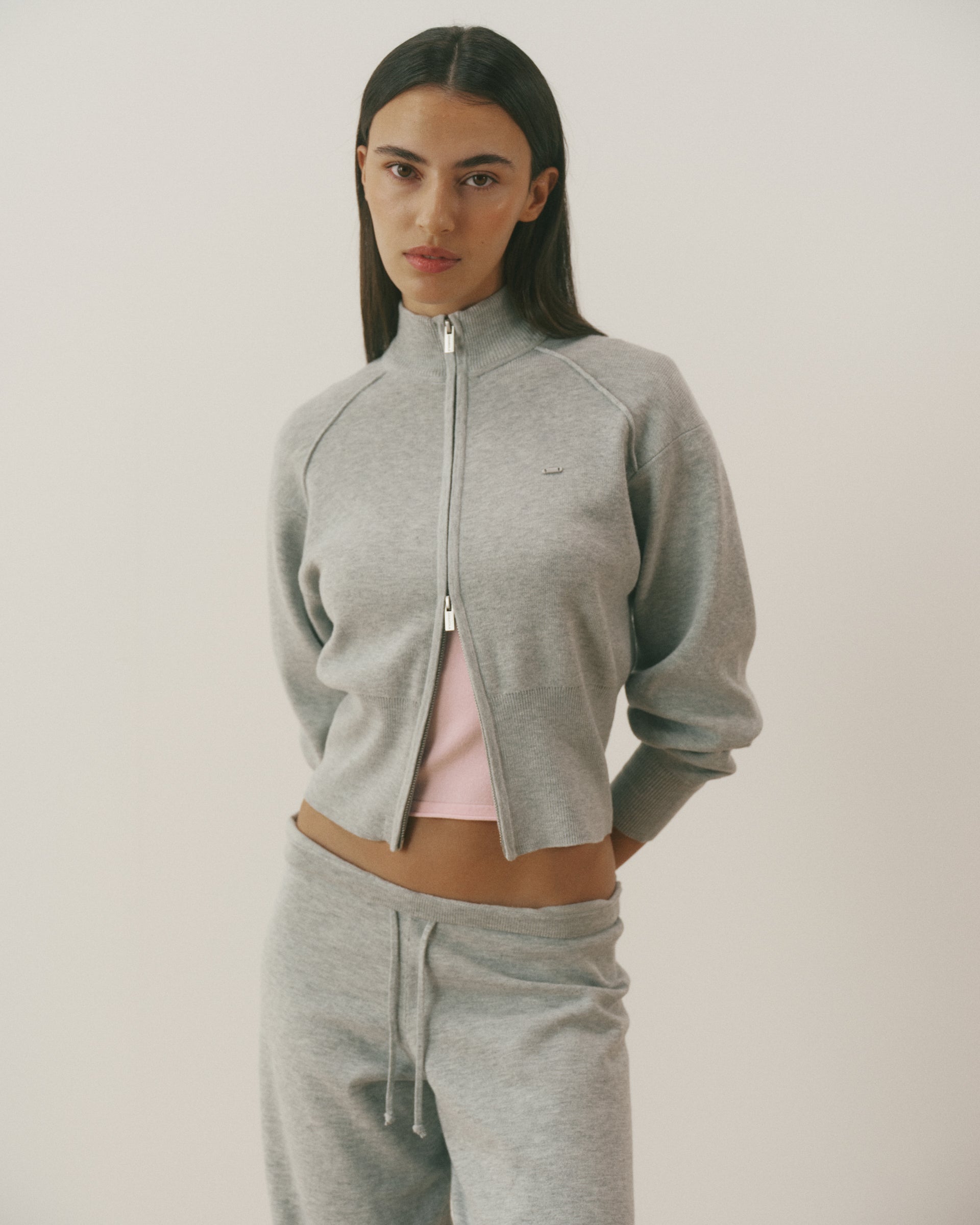 Knit Full Zip Funnel Neck Sweatshirt - Grey Melange