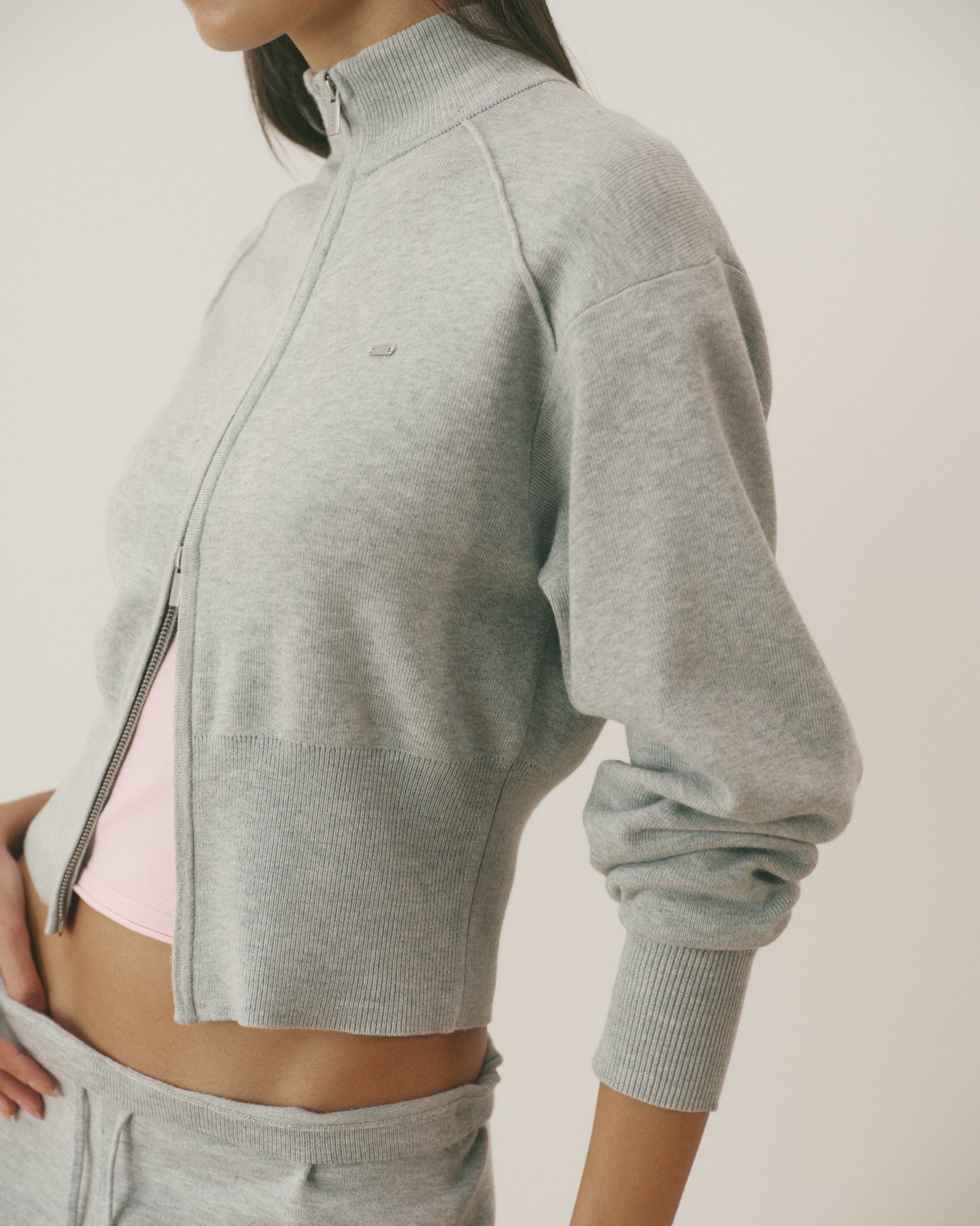Knit Full Zip Funnel Neck Sweatshirt - Grey Melange