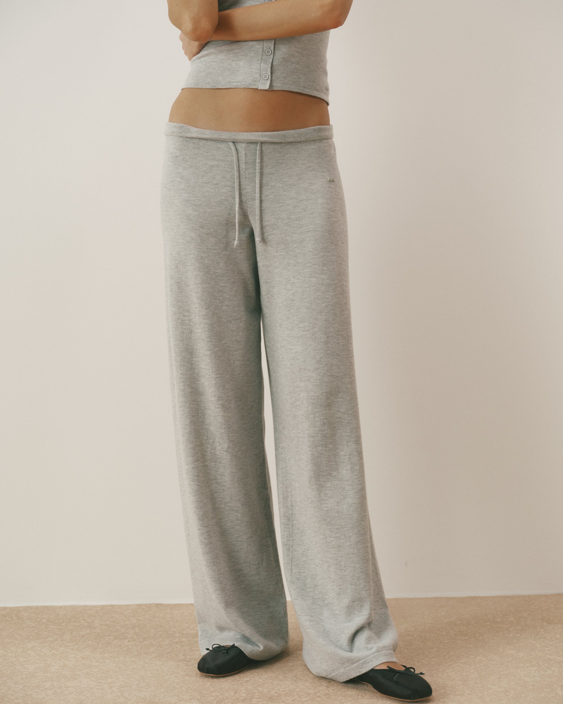 Knit Low Rise Straight Leg Pants - Grey Melange