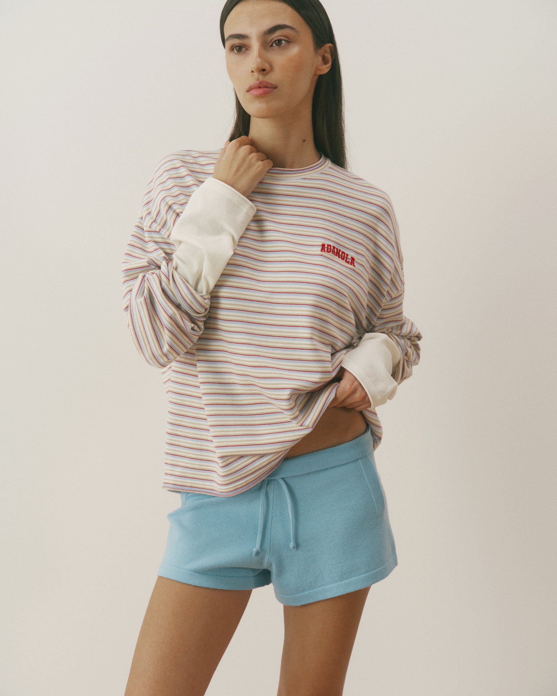 Varsity Knit Roll Hem Stripe Sweatshirt - Marshmallow White
