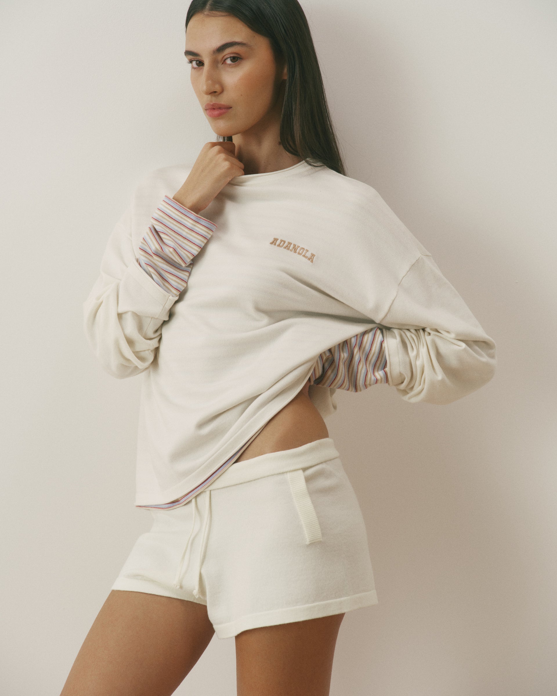 Varsity Knit Roll Hem Sweatshirt - Marshmallow White