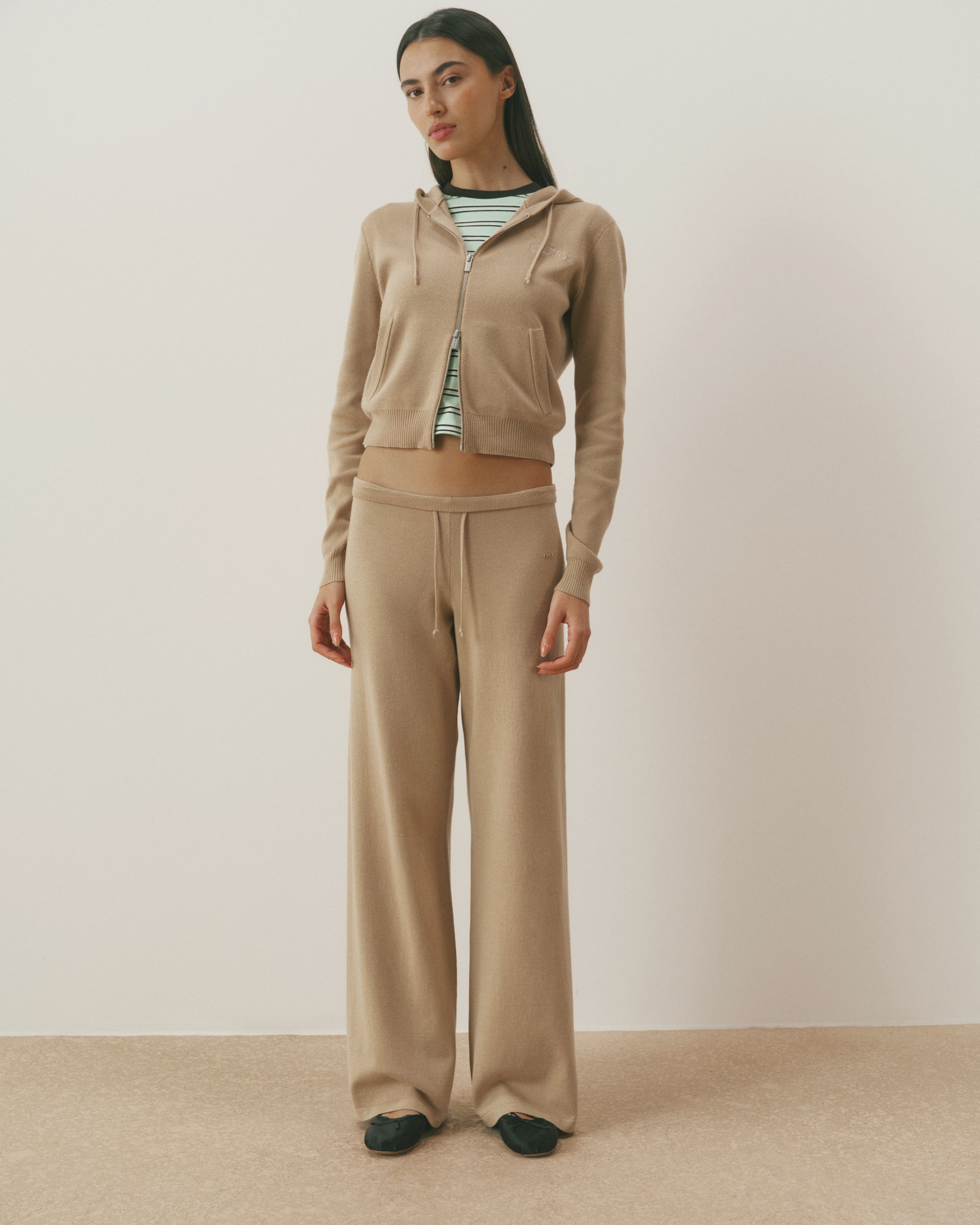 Knit Low Rise Straight Leg Pants - Almond