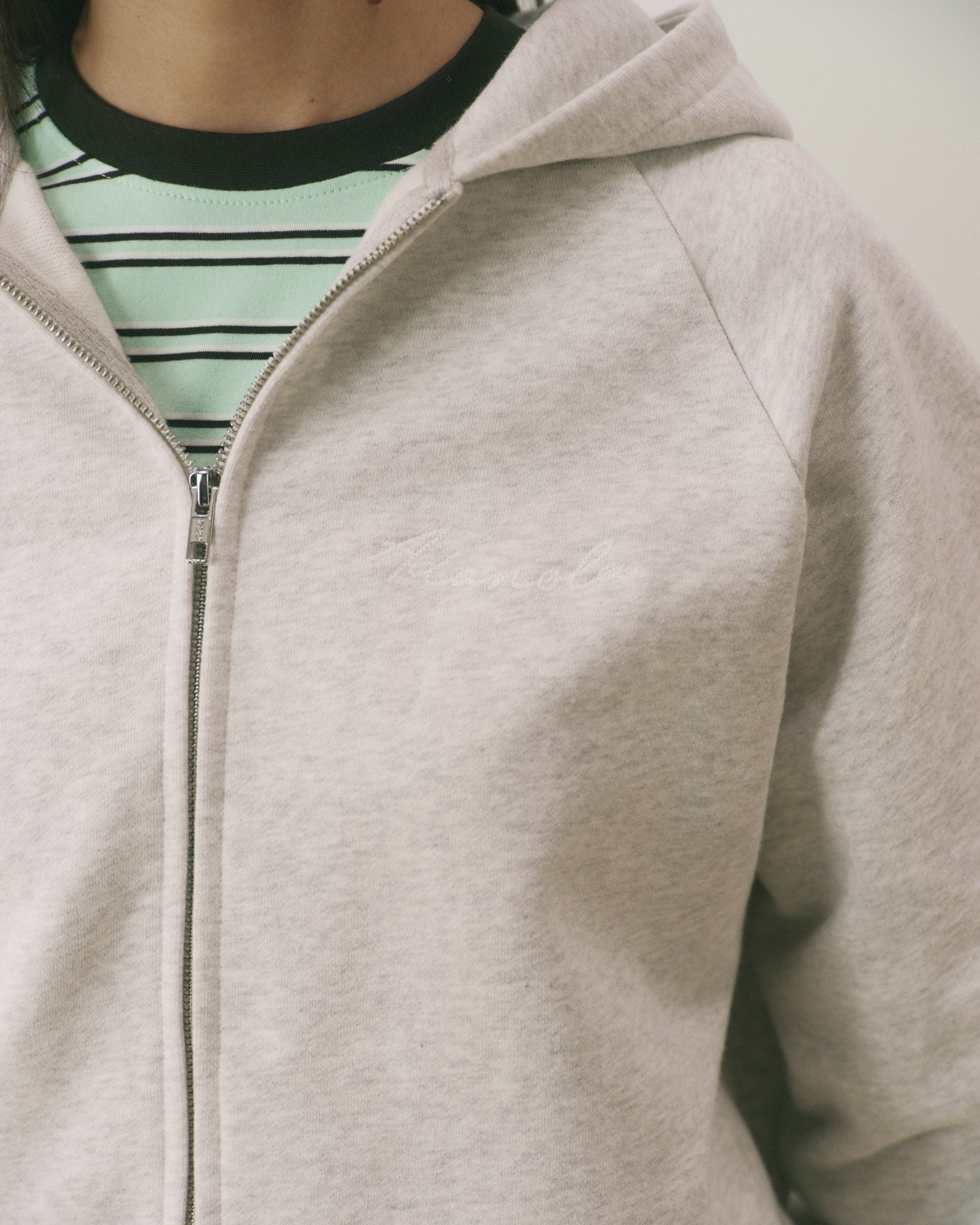 Signature Loose Fit Zip Through Hoodie - Light Grey Melange/Marshmallow White