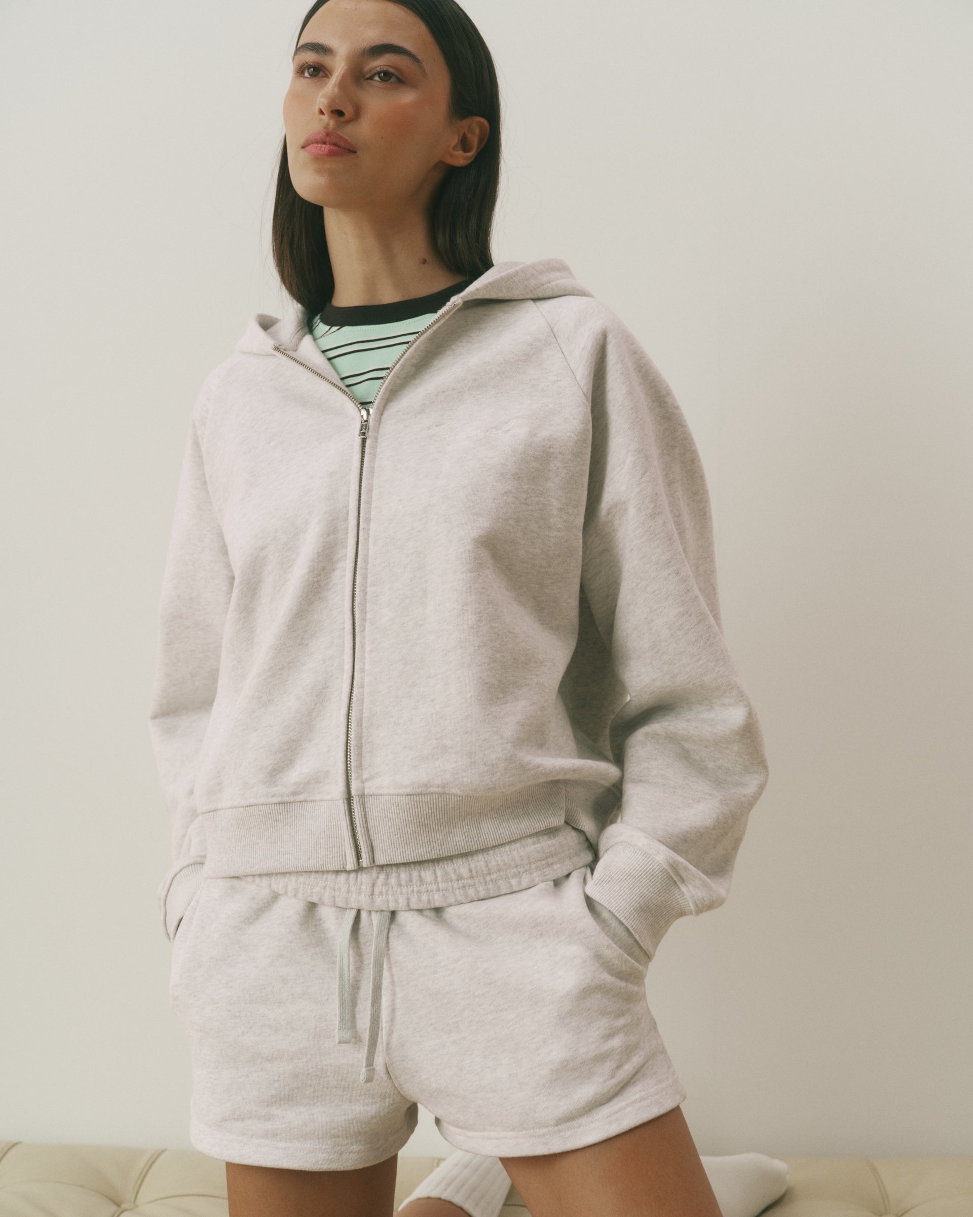 Signature Loose Fit Zip Through Hoodie - Light Grey Melange/Marshmallow White