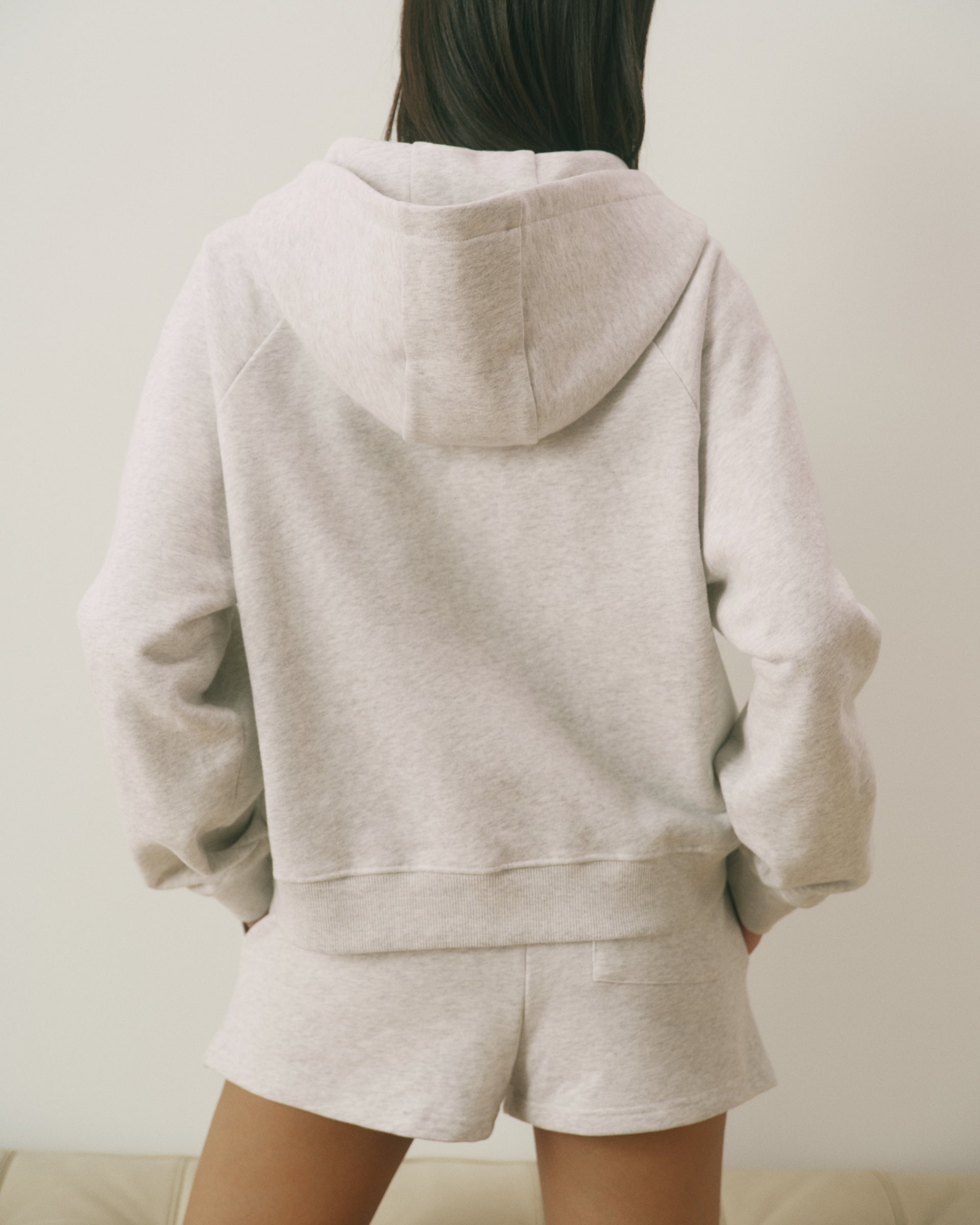 Signature Loose Fit Zip Through Hoodie - Light Grey Melange/Marshmallow White