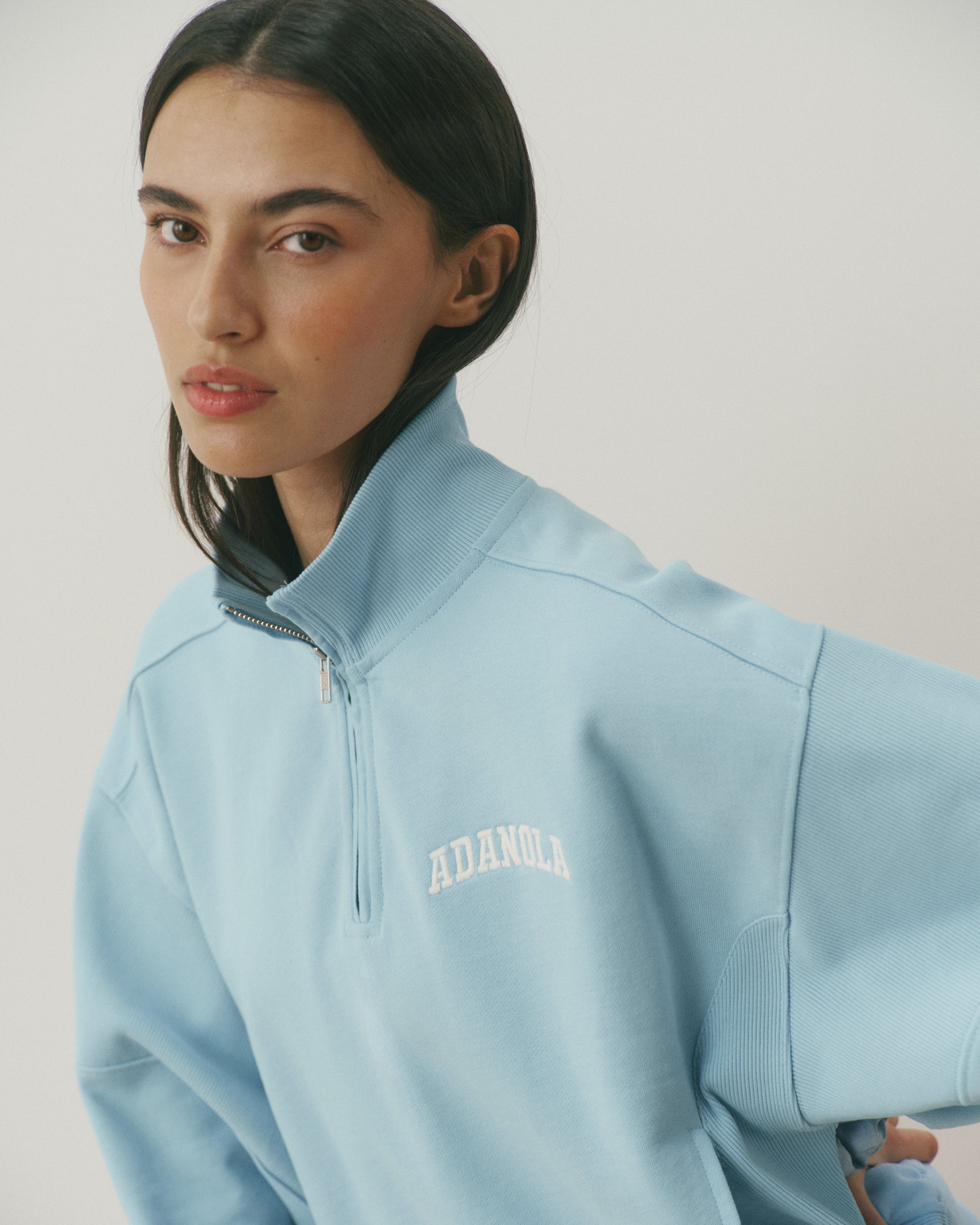 Varsity Oversized Funnel Neck Zip Sweatshirt - Breeze Blue/Marshmallow White